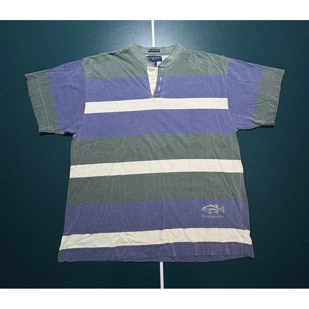 Vintage 90s Abercrombie & Fitch Striped Henley T Shirt Men Large Blue Green Rare